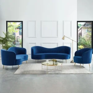 Royal Blue Scalloped Velvet Sofa Set with Gold Stiletto Legs - Image 1