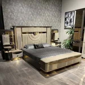 Imperial Grey Jute Padded Master Bed with Art Deco Arched Headboard and Bench - Image 1