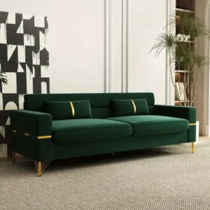 Emerald Green Velvet Turkish Sofa with Gold Sled Base and Metallic Accents - Image 1