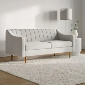 Modern Off-White Jute Fabric Sofa with Tapered Wood Legs - Image 1