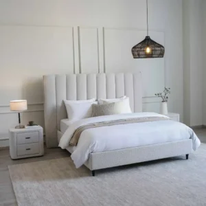 Modern White Boucle High-Headboard Platform Bed - Image 2