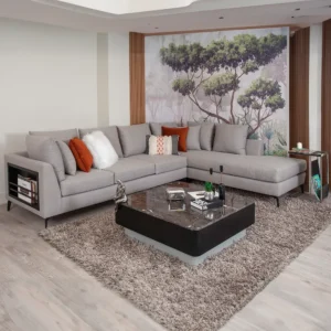 Modern L-Shaped Grey Fabric Sectional Sofa with Built-in Bookcase Arm - Image 1