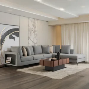 Modern L-Shaped Grey Fabric Sectional Sofa with Built-in Bookcase Arm - Image 2