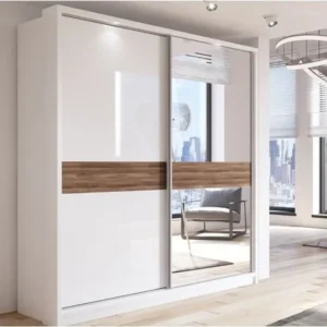 Modern Two-Tone Sliding Door Wardrobe with White Deco and Walnut Inlay - Image 1