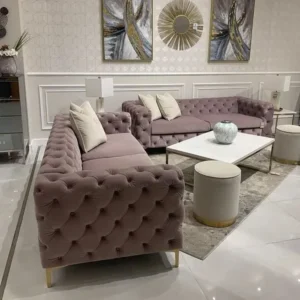Modern Deep Purple Tufted Velvet Sofa Set with Gold Legs - Image 1