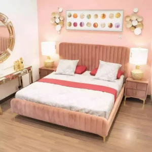 Glamorous Pink Velvet Channel Tufted Bed with Gold Legs - Image 1