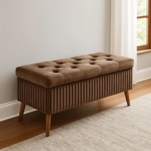 Modern Brown Velvet Tufted Storage Settee Bench with Fluted Base - Image 1
