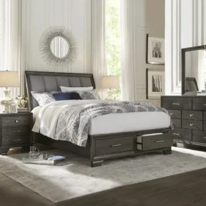 Classic Dark Brown Polish Bed with Grey Fabric Inset - Image 1