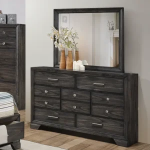 Classic Dark Brown Polish Bed with Grey Fabric Inset - Image 3