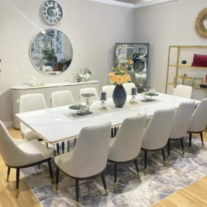 Modern Luxury 10-Seater White Marble Top Dining Table with Quilted Chairs - Image 1