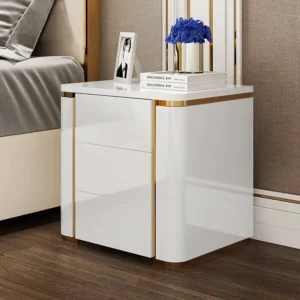 High-Gloss White and Gold Modern Nightstand with Curved Edges - Image 1