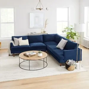 Deep Blue Velvet L-Shaped Corner Sofa with Walnut Legs - Image 1