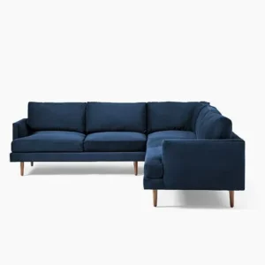 Deep Blue Velvet L-Shaped Corner Sofa with Walnut Legs - Image 2
