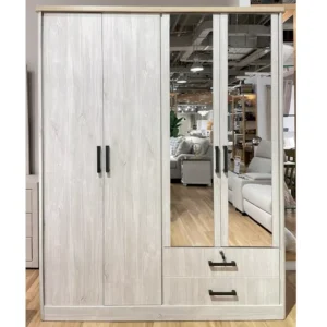 Simple White Wood Grain Cupboard with Full-Length Mirrored Doors - Image 1