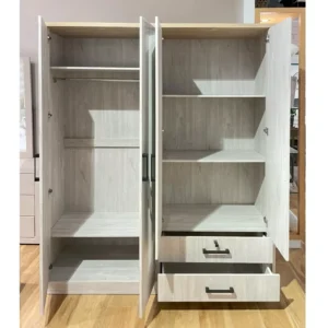 Simple White Wood Grain Cupboard with Full-Length Mirrored Doors - Image 2