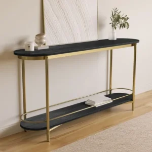 Modern Sleek Black Console Table with Oval Gold Metal Frame - Image 2