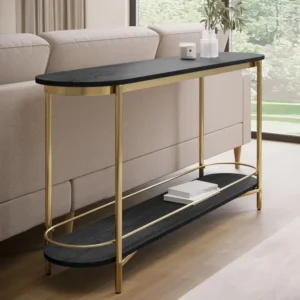 Modern Sleek Black Console Table with Oval Gold Metal Frame - Image 3