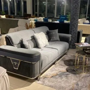 Contemporary Turkish Grey Velvet Sofa with Vertical Channel Tufting and Chrome Accents - Image 1