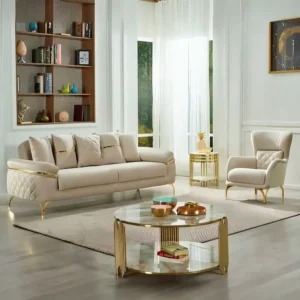Elegant Turkish Off-White Velvet Sofa and Wingback Chair Set - Image 1