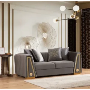 Elegant Turkish Style Grey Velvet Sofa with Gold Metallic Accents and Vertical Stitching - Image 1