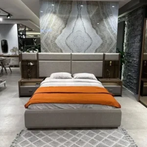 Turkish Style Grand Fabric Bed with Integrated Nightstands and Marble Backdrop - Image 1