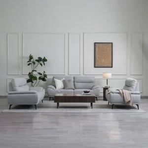 Contemporary Grey Jute Fabric seat with Fluted Stone Coffee Table - Image 2