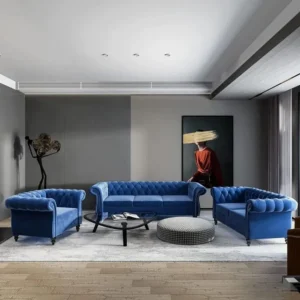 Royal Blue Velvet Chesterfield Sofa Set with Deep Tufting and Silver Studs - Image 1