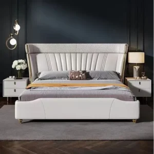 Turkish White Leather-Rite Wingback Bed with Gold Geometric Details - Image 1