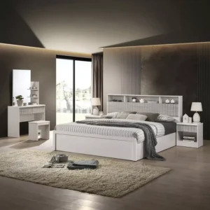 Modern White and Grey Laminated Storage Bed with Multi-Functional Headboard - Image 1