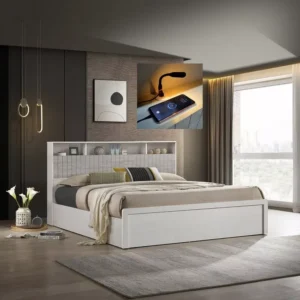 Modern White and Grey Laminated Storage Bed with Multi-Functional Headboard - Image 2