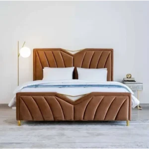 Modern Brown Velvet Wingback Bed with Geometric Blue Accents - Image 1