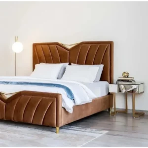 Modern Brown Velvet Wingback Bed with Geometric Blue Accents - Image 2