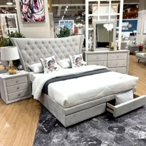 Classic Grey Wingback Fabric Bed with Diamond Tufted Headboard and Storage - Image 1