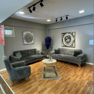 Contemporary Grey Boucle Sofa Set with Gold Accents and Track Lighting - Image 1