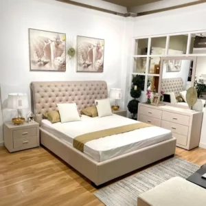 Classic Tufted Wingback Bed in Beige Leather-Rite with Matching Dresser - Image 1