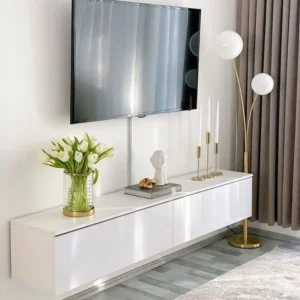 Contemporary High-Gloss White Floating LCD Wall Unit and Minimalist Media Console - Image 1