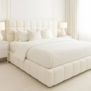 Ultra-Modern White Grid Tufted Fabric Bed with Padded Side Rails and Headboard - Image 1