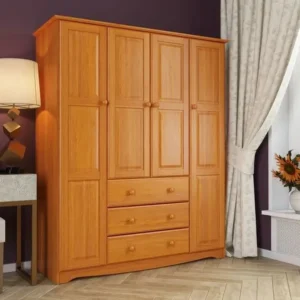 Traditional Four-Door Light Brown Wood Wardrobe with Drawers - Image 1