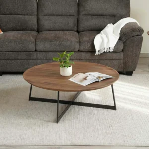 Round Walnut Finish Coffee Table with Cross-Base Black Industrial Metal Frame - Image 1