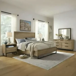 Modern Light Brown Slatted Polish Bed with Industrial Black Metal Base - Image 1