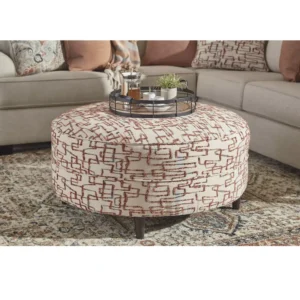 Artisanal Beige Jute Circular Ottoman with Dark Brown Tapered Legs - Image 2