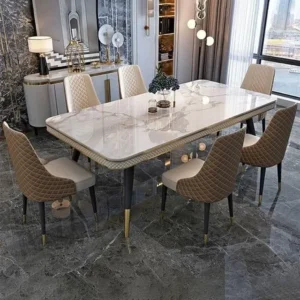 Elegant Marble Top Dining Table Set with Quilted Velvet Chairs and Gold Details - Image 1
