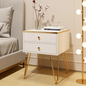 Turkish Style White Two-Drawer Side Table with Gold Hairpin Legs - Image 1