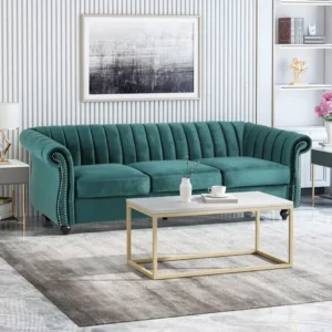 Luxury Emerald Green Tufted Velvet Chesterfield Sofa with Silver Nailhead Trim - Image 1