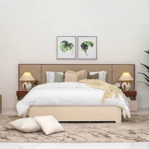 Turkish Beige Fabric Bed with Oversized Diamond Quilted Headboard - Image 1