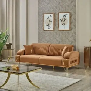 Luxury Turkish Brown Velvet Sofa with Gold Metal Trim and Fluted Backrest - Image 1