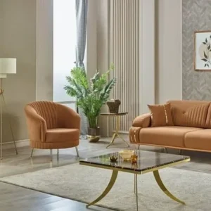 Luxury Turkish Brown Velvet Sofa with Gold Metal Trim and Fluted Backrest - Image 2