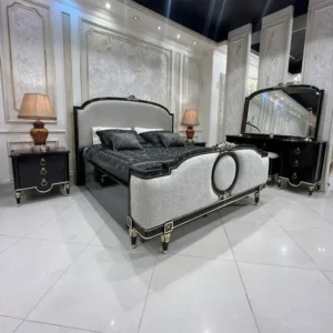 Grand Luxury Baroque Style Black and Gold Carved Bedroom Set with Silver Upholstery - Image 1