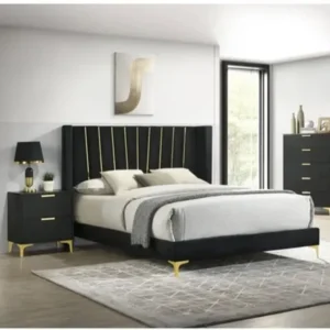 Royal Black and Gold Wingback Velvet Bed with Metallic Inlays - Image 1