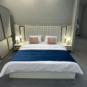 Royal White and Gold Turkish Fabric Bed with Velvet Tufting - Image 1